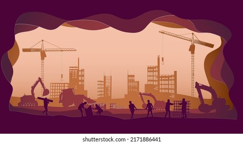 Silhouette Ingenieur und Konstruktionsteam arbeitet am Standort.Vector Papier Schneide Stil.