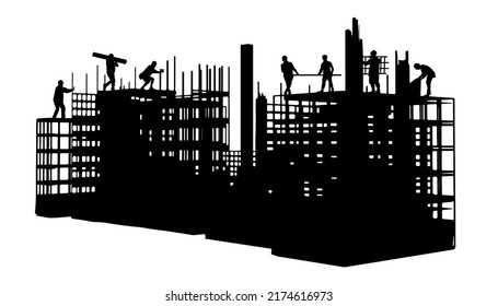 Silueta de ingeniero y equipo de construcción trabajando en el sitio.Ilustración vectorial