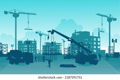 Silhouette engineer and construction team working at site.Vector illustration