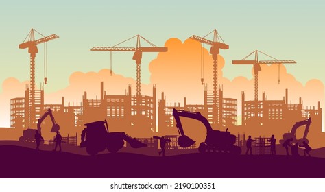 Silhouette engineer and construction team working at site.Vector illustration