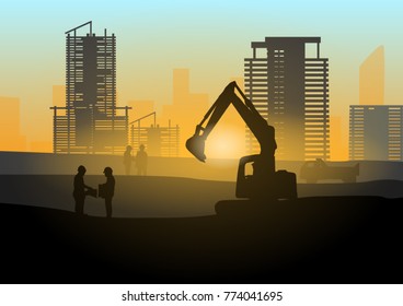 Silhouette of engineer and construction team working safely work load concrete on scaffolding on high rise building. over blurred background sunset pastel for industry background with Light fair 