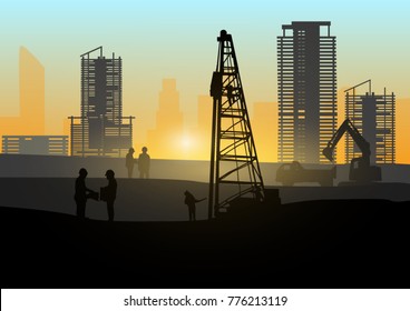 Silhouette of engineer and construction team working at site over blurred background sunset pastel for industry background with Light fair.Vector illustration template design