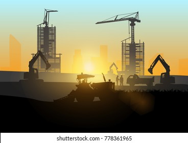 Silhouette of engineer and construction team working at site over blurred background sunset pastel for industry background with Light fair.Vector illustration template design