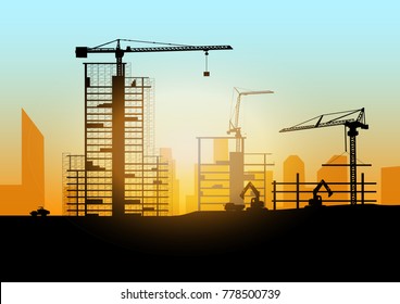 Silhouette of engineer and construction team working at site over blurred background sunset pastel for industry background with Light fair.Vector illustration template design