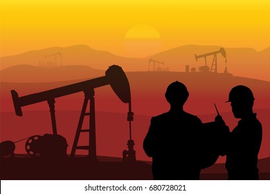 Silhouette of Engineer control working at oil rig pump in petrochemical industrial over mountain range in sunset.Detailed vector illustration