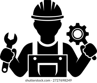 Una silueta de un ingeniero con un casco y herramientas de sujeción, incluyendo una llave inglesa y un engranaje.