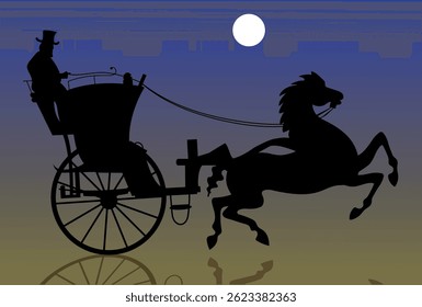 Silhouette of an English carriage on a dark background with the moon. Vector art illustration