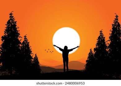 Silueta de mujer iluminada con los brazos abiertos en la naturaleza. Encontrar un propósito en la Ilustración vectorial de vida. Concepto de felicidad y libertad. Vector de auto-descubrimiento.