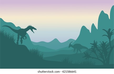 Silhouette of eoraptor and parasaurolophus in fields