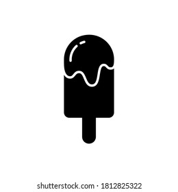 Silhouette eskimo pie. Melting ice cream. Outline icon of Popsicle. Black simple illustration of ice lolly with flowing icing. Summer dessert. Flat isolated vector pictogram, white background