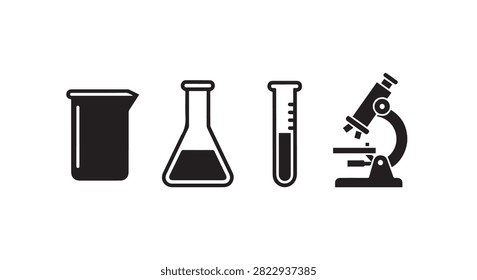 Silhouette of essential laboratory tools including beaker flask testtube and microscope highlighting the main subject