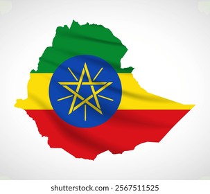 Silhouette of Ethiopia map filled with the Ethiopian flag design, symbolizing national pride, cultural heritage, and geographic significance.  
