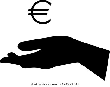 Silhouette of euro sign above an outstretched hand. Vector illustration in black color. Transparent background
