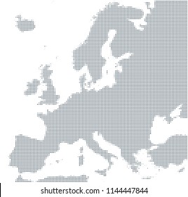 Silhouette of Europe. Gray halftone dots, varying in size and spacing. Map of Europe. Dotted outline and surface under Robinson projection. Isolated ilustration on white background. Vector.