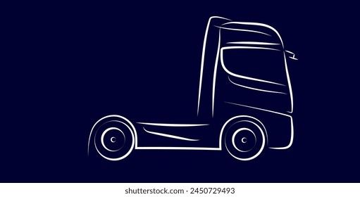 Silhouette of a European truck with simple white lines in a dynamic style on a dark blue background. Vector illustration