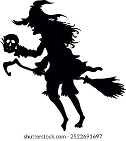 The silhouette of an evil nosy witch flying on a broomstick. The witch is flying on a broomstick and holding a skull in her hands. Vector illustration a witch in a hat with loose hair and bare legs