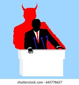 Silhouette Of Evil Politician With Devil Shadow Speaking From Tribune