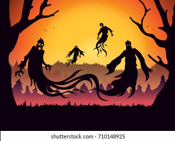 Silhouette of evil spirit flying on forest. Illustration about Halloween theme and fantasy.