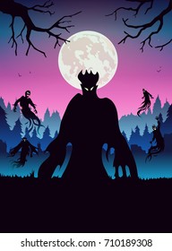 Silhouette of evil spirit flying on forest at full moon night. Illustration about Halloween theme and fantasy.