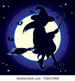 Silhouette evil witch flying with broom on full white moon background