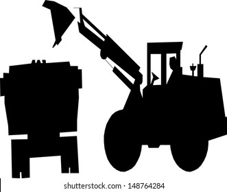 Silhouette Excavator loads the ground in the back of the dump truck, vector illustration