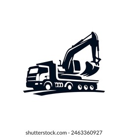 silhouette of an excavator on a truck, vector logo design concept