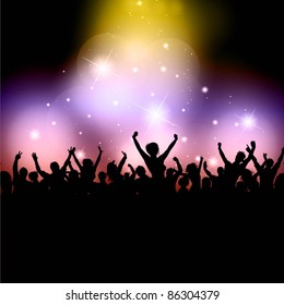 Silhouette of an excited party crowd on disco lights background