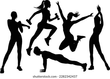 Silhouette exercise poses. Design elements, woman exercise poses in black vector format.