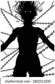 Silhouette of an exhausted woman chained in chains and thorns, beggingly looking up into the heavens. 2D illustration.
