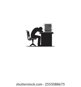 Silhouette of an exhausted worker at a desk burdened with papers, representing stress and overwork. The image conveys themes of workplace pressure and burnout.