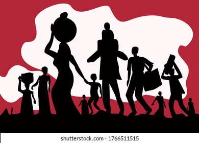 Silhouette of exodus of economically backward people carrying luggages and children.