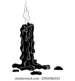 Silhouette of a extinguished melted candle with flowing wax. Candle stub close up design element. Vector illustrations in hand drawn style isolated on white. Black ink spot graphic.