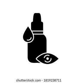 Silhouette Eye Drops. Outline Icon Of Liquid Medication To Moisturize, Treatment. Black Simple Illustration Of Bottle, Medicine Drop, Eyeball. Flat Isolated Vector Pictogram On White Background