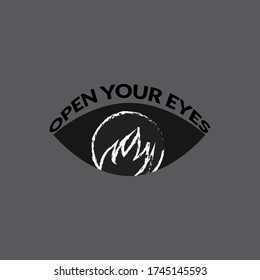 silhouette of eyes with Open Your Eyes words vector design