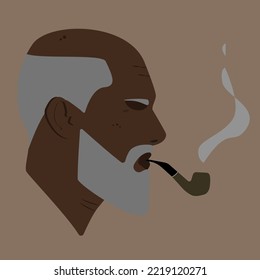 Silhouette. Face. Bearded old black man. Male head with beard. Gray-haired man. Man head silhouette. Flat illustration. Black man smoking a pipe. 