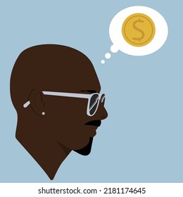 Silhouette. Face. Black guy. Male black head. Flat illustration of face. Head icon. Silhouette of a bearded man. Guy avatar. Thought bubble. Black guy thinks about money