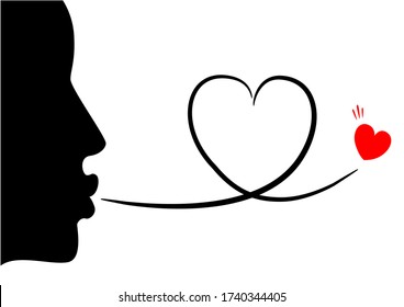 Silhouette Face Blowing, Kissing Heart on White Background