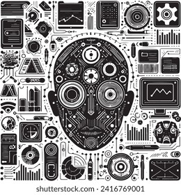 Silhouette de una cara compuesta de microchips para representar tecnología futura e inteligencia artificial, símbolos modernos en blanco y negro e íconos de robots y ciborgs.