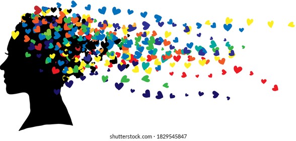 Silhouette of face of girl with hair made of colourful hearts. Illustration isolated on white background. 