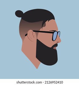 Silhouette. Face. Guy With Glasses. Male Head In Glasses With Top Knot Hair On Blue Background. Man Head Silhouette. Man Flat Colored Illustration. 