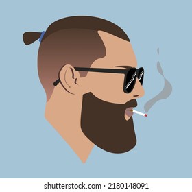 Silhouette. Face. Guy With Glasses. Male Head In Glasses With Top Knot Hair On Blue Background. Flat Illustration Of Face. Head Icon. Silhouette Of A Bearded Man. Guy Avatar. Smoking Guy.