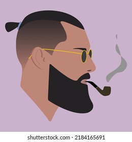 Silhouette. Cara. Un tipo con gafas. Cabeza masculina en gafas con el pelo de nudo superior sobre fondo rosado. Silueta de cabeza de hombre. Ilustración de color plano masculino. Un tipo elegante. Hombre con barba fumando una pipa. 