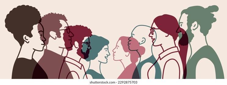 Silhouette face head in profile. Crowd of young people. Society or population, social diversity. Hand drawn vector illustration.