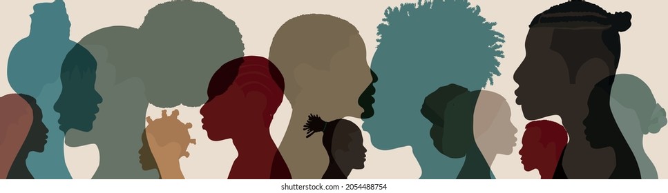 Silhouette face head in profile ethnic group of black African and African American men and women. Identity concept - racial equality and justice. Racial discrimination. Racism