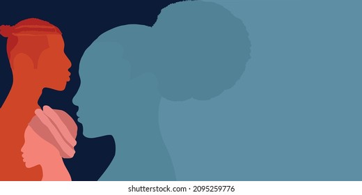 Silhouette face head in profile ethnic group of black African and African American men and women. Racial equality and justice - Identity. Racial discrimination. Racism. Banner copy space