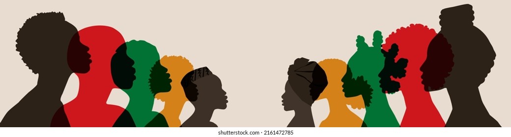  Silhouette face head in profile ethnic group of black African and African American men and women. Identity concept - racial equality and justice. Racism, discrimination. Juneteenth emancipation.