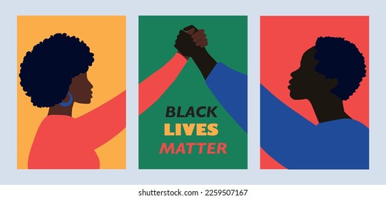 Silhouette face head in profile ethnic group of black African and African American men and women. Racism, discrimination. Juneteenth emancipation. Black Lives Matter. Black History Month.