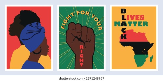 Silhouette se enfrenta al grupo étnico de perfil de hombres y mujeres afroamericanos y negros. Racismo, discriminación. La emancipación del 19 de junio. Lucha por tus derechos. Mes de la historia negra. BLM.