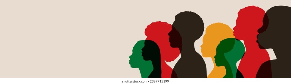 Silhouette face head in profile ethnic group of black African and African American men and women. Identity concept - racial equality and justice. Racism, discrimination. Juneteenth emancipation. svg