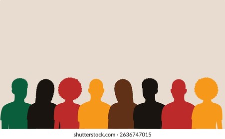Silhouette face head in profile ethnic group of black African and African American men and women. Juneteenth emancipation with copy space. 